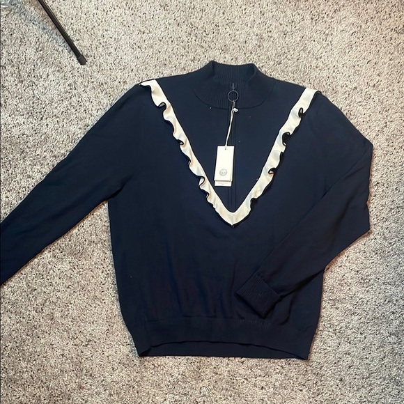 NWT Tory Burch Performance Cashmere Ruffle Half Zip Pullover‎ Sweater Tory Navy - Picture 1 of 7